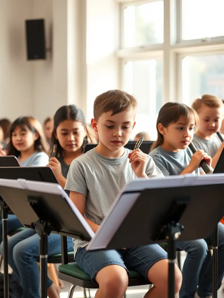 A photo of young musicians participating in a workshop organized by the UNION PHILARMONIQUE MUNICIPALE DE VILLEFAGNAN, demonstrating their commitment to music education.