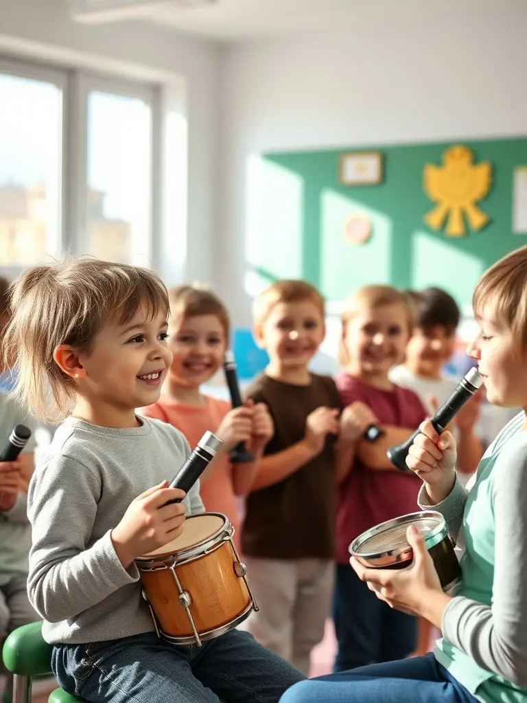 A photograph capturing a youth music workshop organized by the UNION PHILARMONIQUE MUNICIPALE DE VILLEFAGNAN, showing children learning to play instruments and engaging with music education.