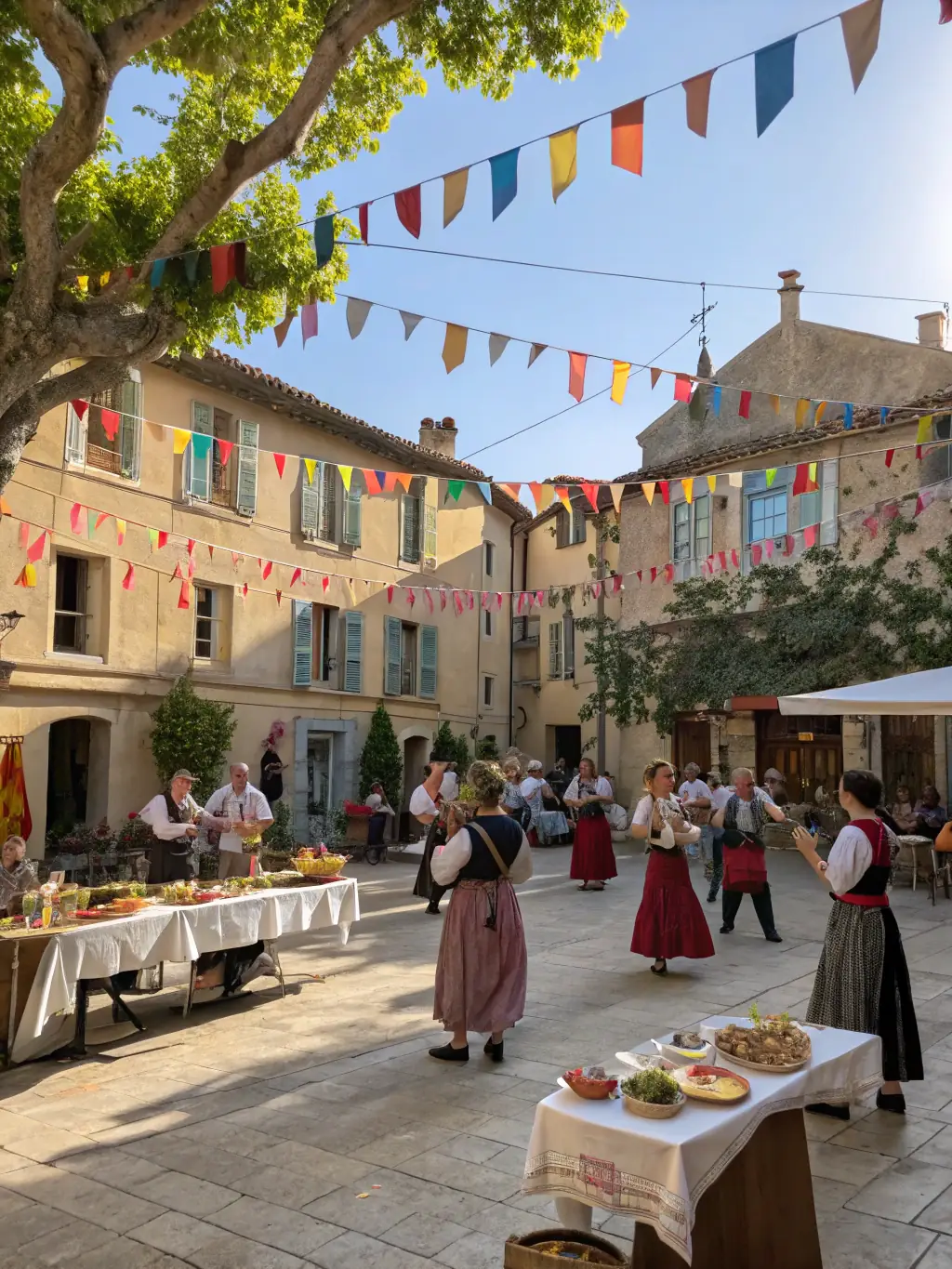 A vibrant image depicting musicians of the UNION PHILARMONIQUE MUNICIPALE DE VILLEFAGNAN performing at a community concert in Villefagnan's town square, showcasing their dedication and passion for music.