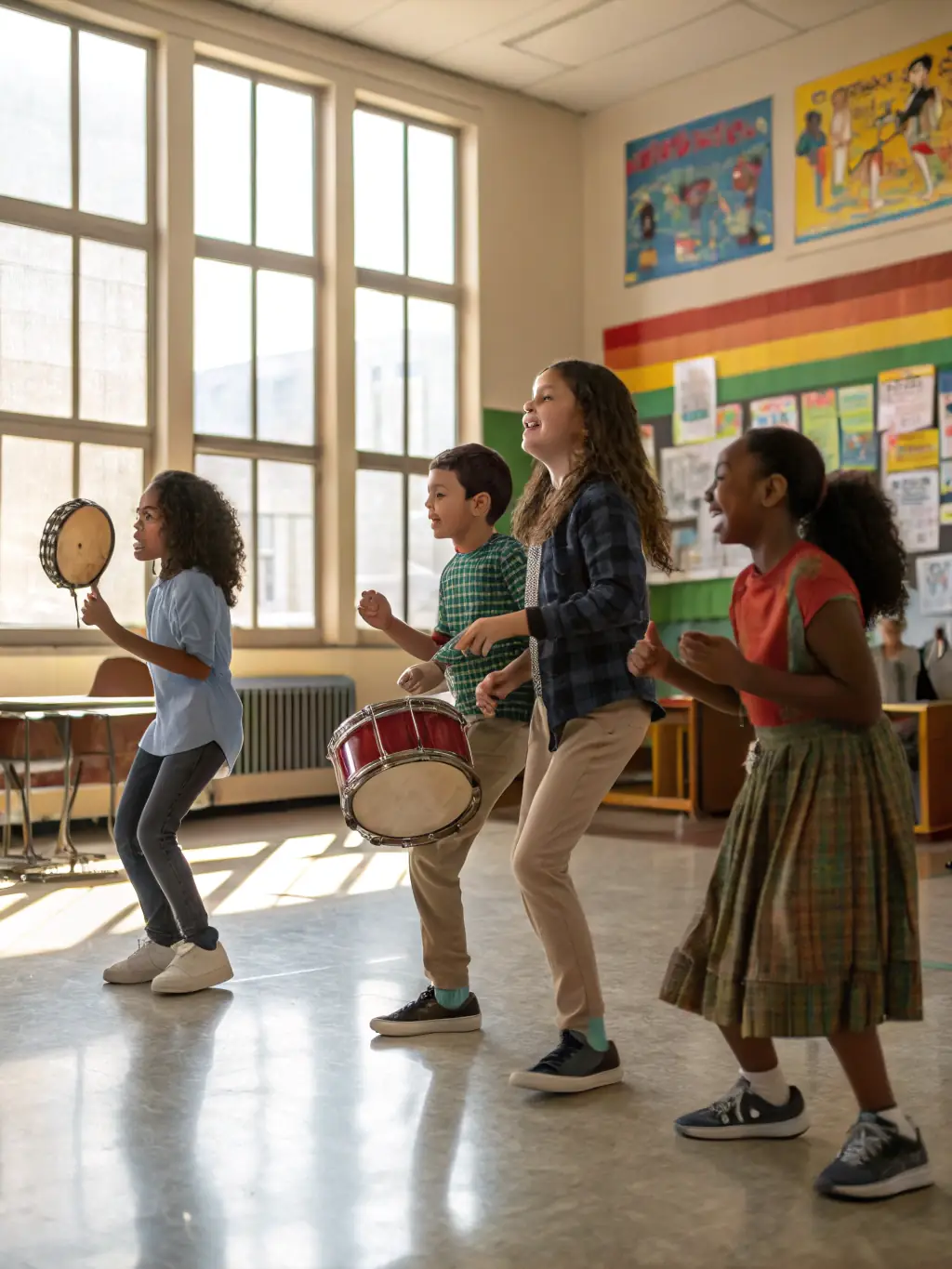 A dynamic shot of the UNION PHILARMONIQUE MUNICIPALE DE VILLEFAGNAN collaborating with local schools for a musical outreach program, demonstrating their dedication to community engagement.